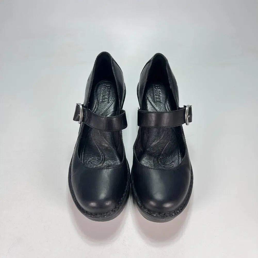 Born Mary Jane Black Leather Chunky Wedge Heels Pumps Shoes Women's Size 6.5M